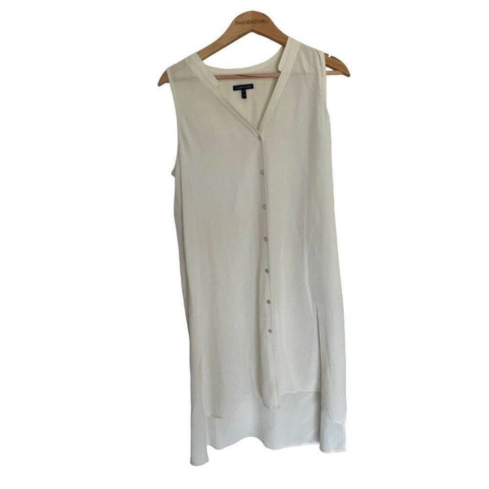 Eileen Fisher Button Front Silk Tank Dress Cream Minimalist Medium